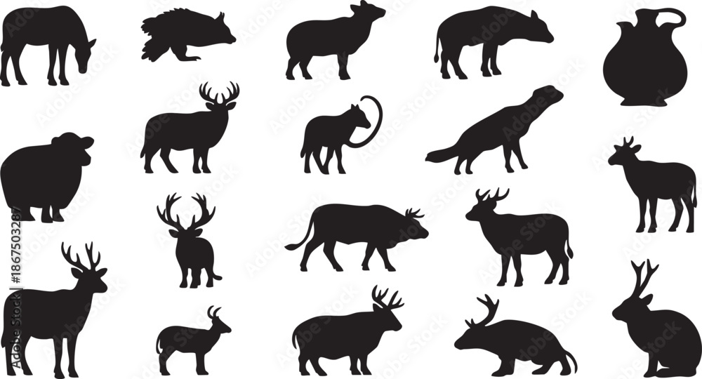 Fototapeta premium Black silhouettes of various animals including deer goats and a water jug on white background