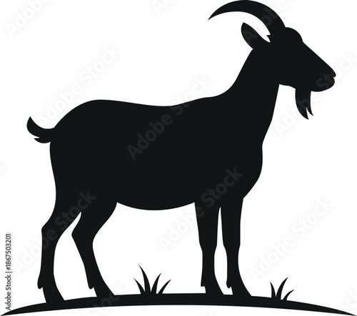 A striking silhouette of a majestic goat standing in grassy terrain
