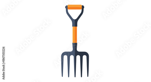 Garden pitchfork with four metal tines and a wooden handle designed for digging and moving soil in the backyard or farm.