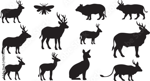 Black silhouettes of various animals including deer goats and a cat on a white background