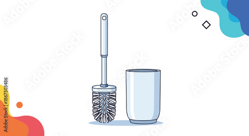 Clean illustration of a white toilet brush and its matching holder set against a minimalist background with colorful shapes.