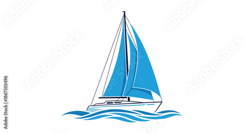 Elegant blue sailboat gliding smoothly across stylized ocean waves as a symbol of nautical travel and leisure activities.