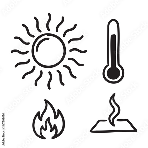Hand Drawn Sun Thermometer and Heat Icons