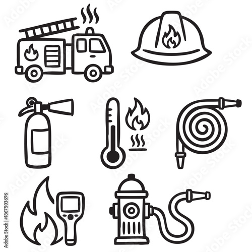 Hand Drawn Firefighter Truck and Fire Safety Doodle