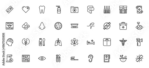 Healthcare icon set. Medical vector illustrations. Includes symbols for pregnancy test, heart, dentist, hospital, pills, bone, first aid kit, pharmacy and more. Editable stroke.