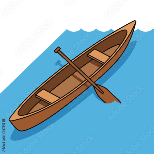 Wooden canoe with paddle floating on blue water.