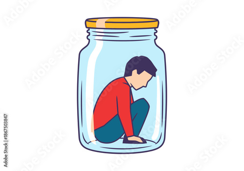 Person crouched inside a glass jar, appearing trapped.