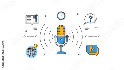 A colorful illustration of a microphone surrounded by symbols representing podcasting broadcasting