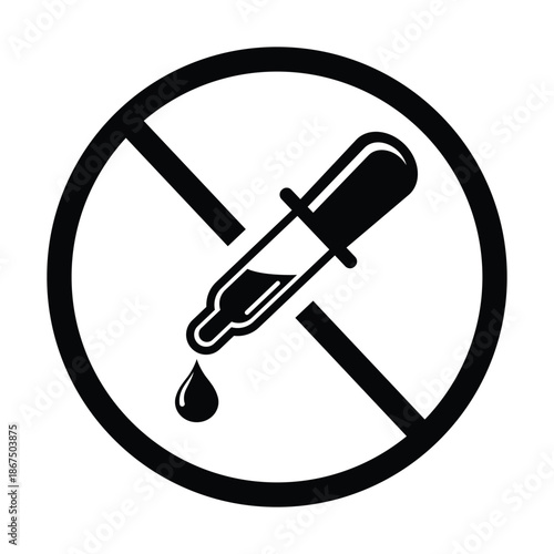 Green no dropper symbol, medical pipette with liquid droplet crossed out inside circle, vector icon for chemical free, no additives, preservative free, non toxic products, isolated on white background