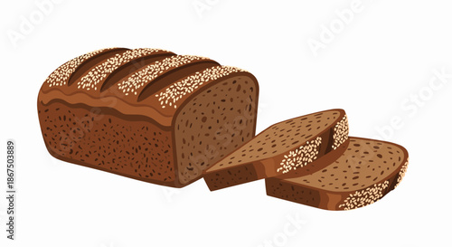 Freshly baked loaf of dark whole grain bread with several slices cut and sprinkled with nutritious sesame or cereal seeds.