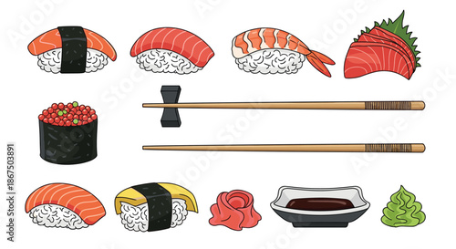 Assorted sushi collection featuring nigiri with salmon and shrimp plus tuna sashimi pieces, rolls, and traditional condiments.
