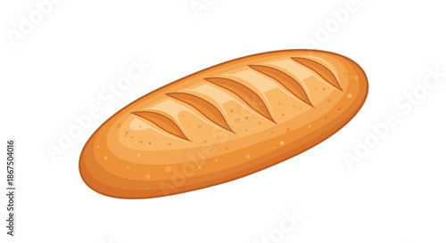 Crusty golden brown baguette loaf with diagonal scores on the surface representing traditional french bakery products.