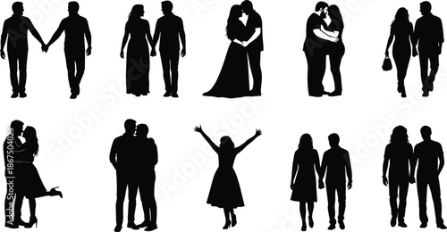 Silhouettes of couples in romantic and expressive poses, embracing, holding hands, kissing, celebrating love, relationship emotions, and human connection
