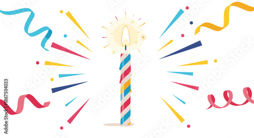 Festive birthday candle with colorful stripes and a bright flame surrounded by exploding confetti and party streamers.