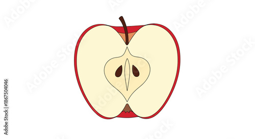Vertical slice of a red apple showing the pale interior flesh and dark brown seeds in the core for healthy eating concepts.