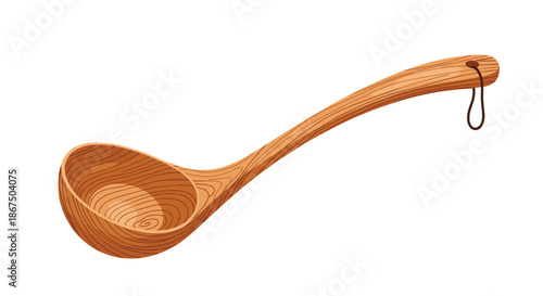 Large traditional wooden ladle with a long handle and a hanging loop ideal for serving soups, stews, and other liquid foods.