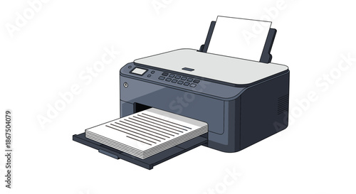 Modern all in one office printer machine with an output tray containing a stack of printed documents for business tasks.
