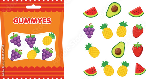 Fruit gummy candies packaging vector illustration with assorted tropical fruit shapes isolated on white background for snack and sweets design