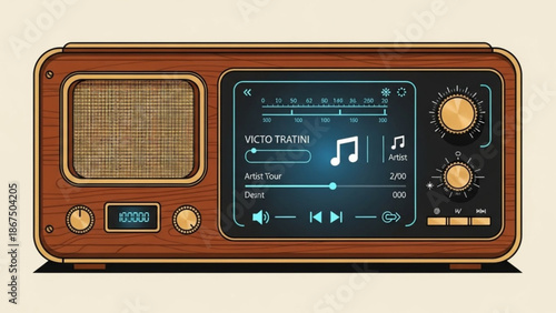 Retro wooden vintage radio with digital display and musical interface on screen
