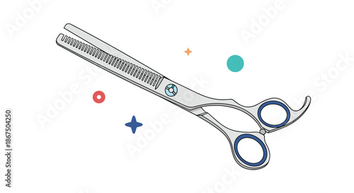 Professional hair thinning scissors with a comb like blade used by barbers and hairstylists for texturizing and styling hair.