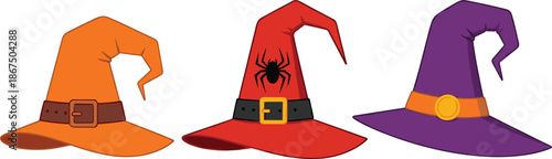 Halloween witch hats collection vector illustration with colorful spooky hats isolated on white background for festive costume designs