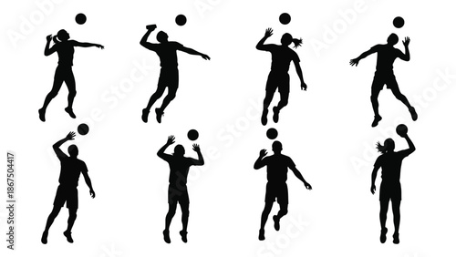 Silhouettes of people juggling or playing with balls in dynamic poses