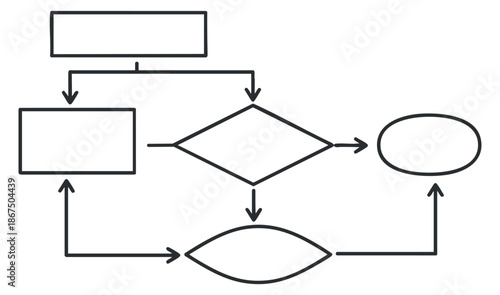 A flowchart depicting a process with shapes and arrows in minimalist black and white vector style, ideal for business presentations