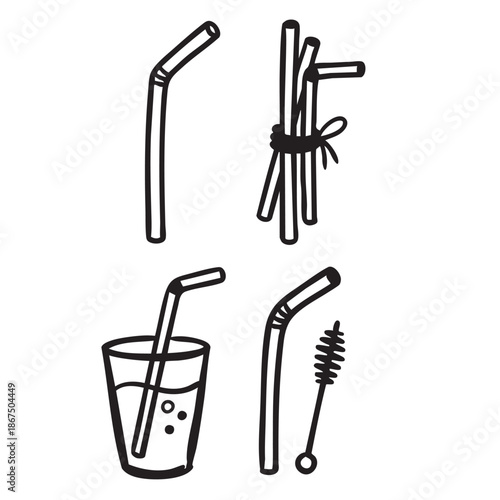 Hand Drawn Drinking Straws and Beverage Glasses Doodle