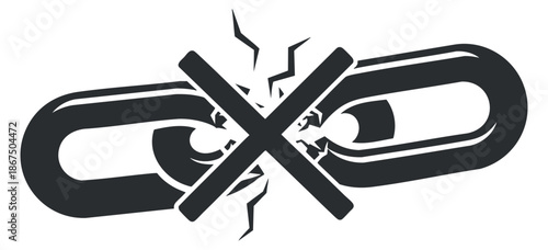 A broken chain link symbol in black and white minimalist vector style, suitable for technology and security concepts