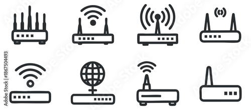 A set of wireless routers and network icons in clean outline vector style, suitable for technology and communication projects