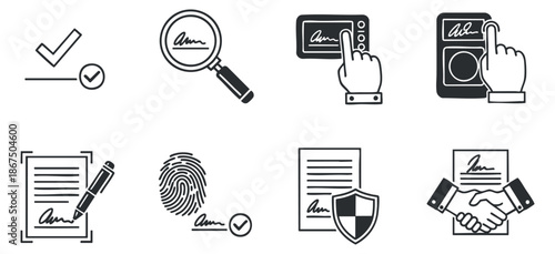 A collection of signature and authentication icons in clean outline vector style, ideal for legal and business applications