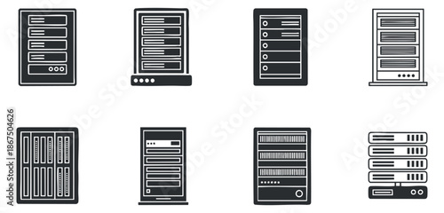 A collection of server icons in flat outline vector style, suitable for technology and IT-related projects