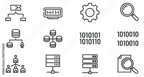 A set of database and technology icons including servers, charts, and binary code in clean outline vector style, perfect for tech-related projects