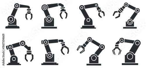 A set of robotic arms with different gripper designs in black and white flat vector style, suitable for industrial and technology applications
