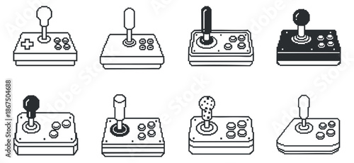 A collection of eight retro arcade joysticks in black and white outline vector style, ideal for gaming graphics and design projects