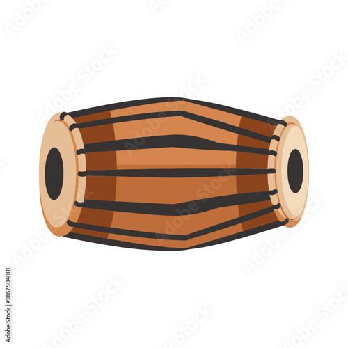 Barrel-shaped wooden drum with black circular heads and brown stripes.