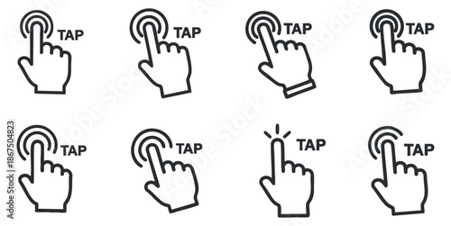 A collection of hand tap gesture icons in clean outline vector style, suitable for user interface design and mobile applications