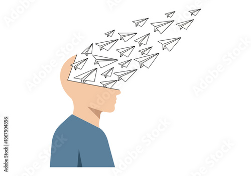 Many paper airplanes fly out of an open head.