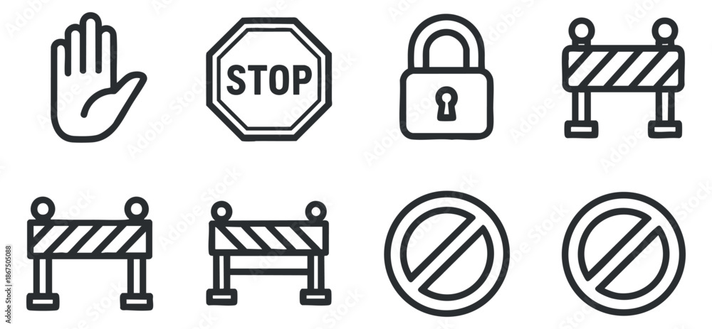 Fototapeta premium A collection of safety and warning icons including a stop sign, hand symbol, lock, and barriers in minimalist black outline vector style, suitable for traffic and security applications