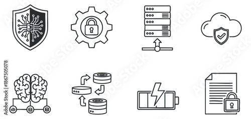 A collection of technology and data-related icons including a brain, cloud, database, and security symbols in modern outline vector style, ideal for tech presentations and digital projects