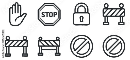 A collection of safety and warning icons including a stop sign, hand symbol, lock, and barriers in minimalist black outline vector style, suitable for traffic and security applications