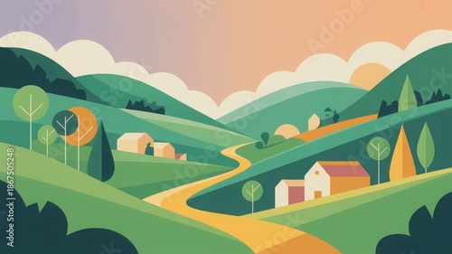 A modern flat vector illustration of a serene landscape with houses, trees, and rolling hills