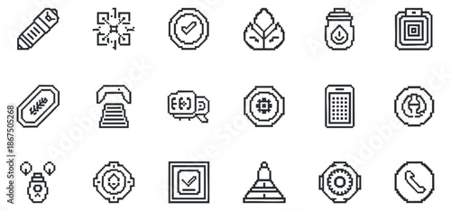 A collection of 16 outline icons including a checkmark, lightbulb, and phone in minimalist vector style, suitable for digital design projects