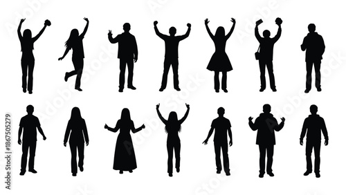 Diverse silhouettes of people in various celebratory and active poses