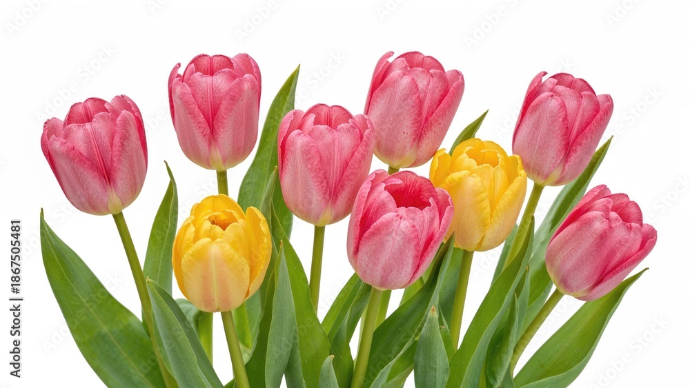 Fototapeta premium Colorful tulips with pink and yellow petals and green leaves.