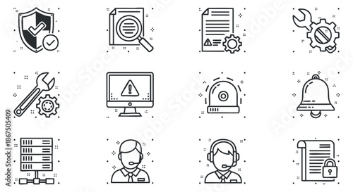 A collection of security and support icons including a shield, monitor, wrench, and alert bell in clean black and white vector style, ideal for technology and customer service applications