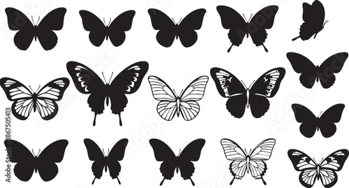 Collection of black and white butterfly silhouettes with some featuring dotted patterns
