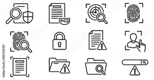 A collection of security and privacy icons including fingerprint, lock, document, and alert symbols in clean outline vector style, suitable for technology and data protection projects