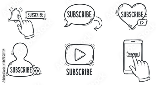 A collection of subscribe icons featuring a hand gesture, notification bell, speech bubble, heart, play button, and smartphone in outline vector style, ideal for digital media and social platforms