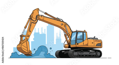 Yellow crawler excavator performing earthmoving operations at a construction site against a blue city skyline background.